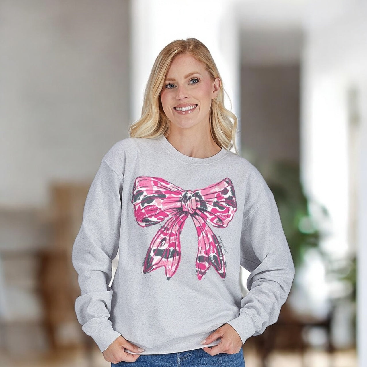 Simply Southern Crew Pink Camo Bow