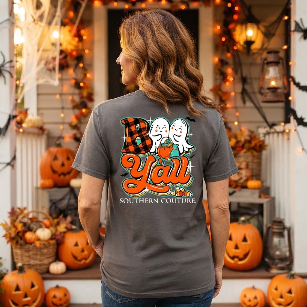 Southern Couture Boo Y'all Ghost Halloween T-Shirt - Gray