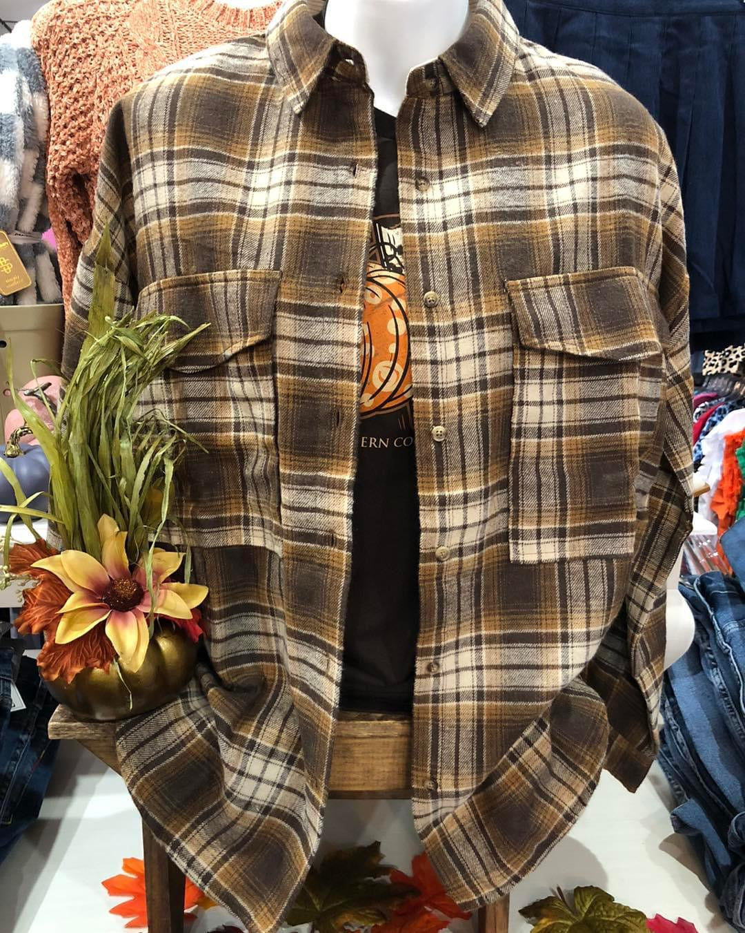 SIMPLY SOUTHERN PLAID SHACKET TAWNY