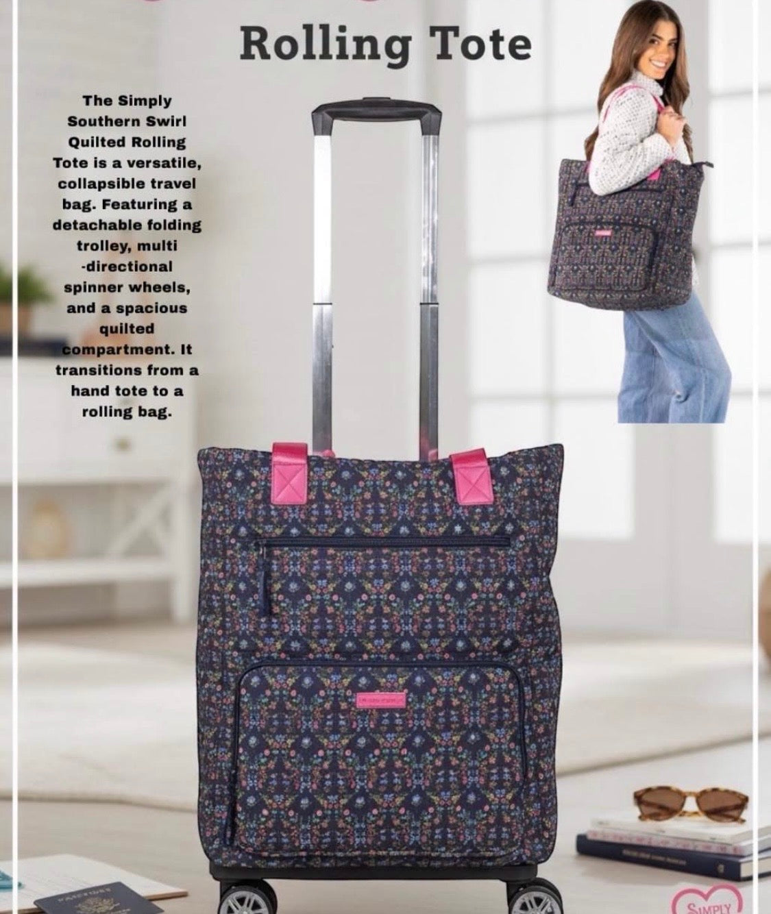 SS Swivel Rolling Tote Navy Floral Ribbon
