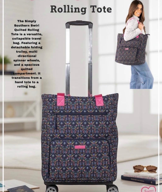 SS Swivel Rolling Tote Navy Floral Ribbon