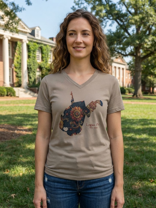 West Virginia Floral State Graphic V-Neck T-Shirt - Logan WV