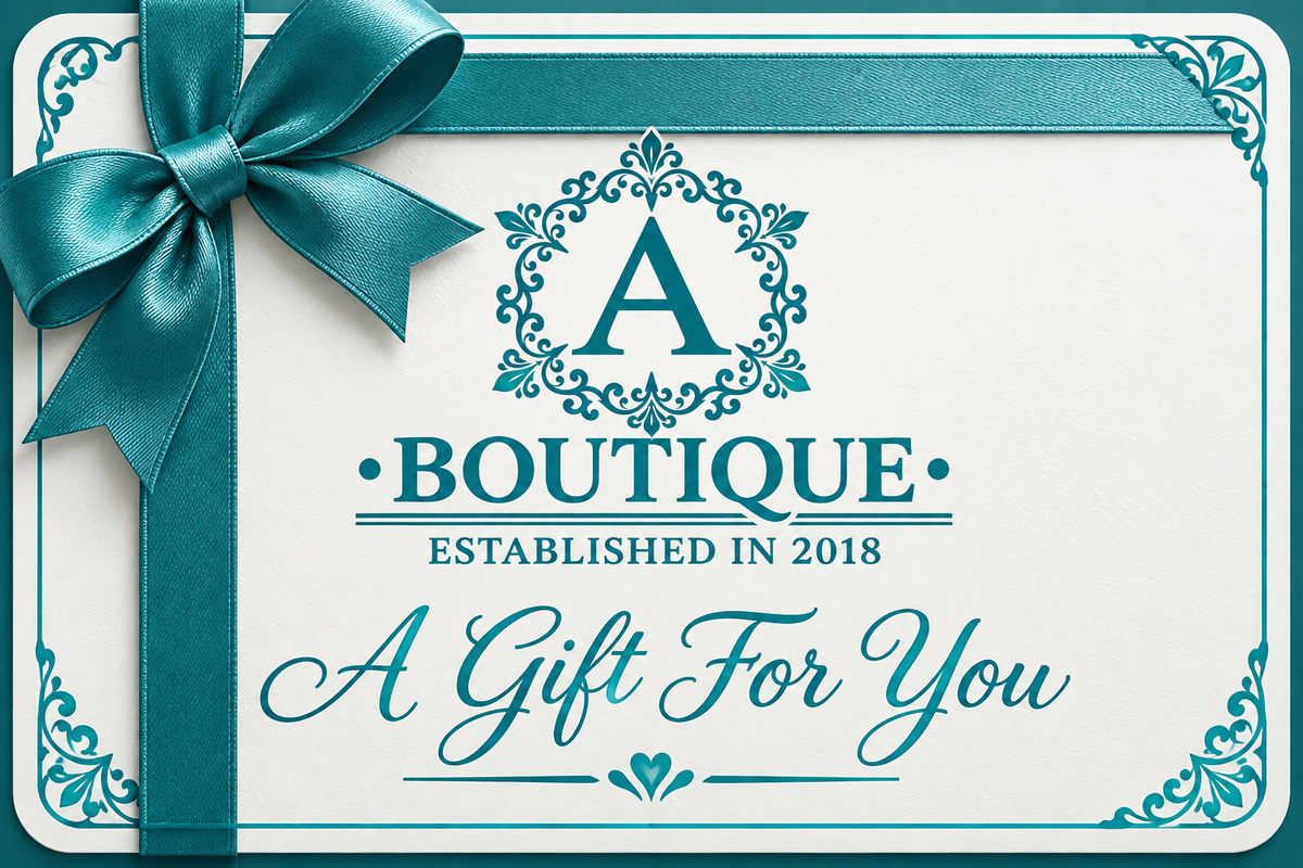 Teal and white gift card design with ribbon, A Boutique logo, and the text A Gift For You