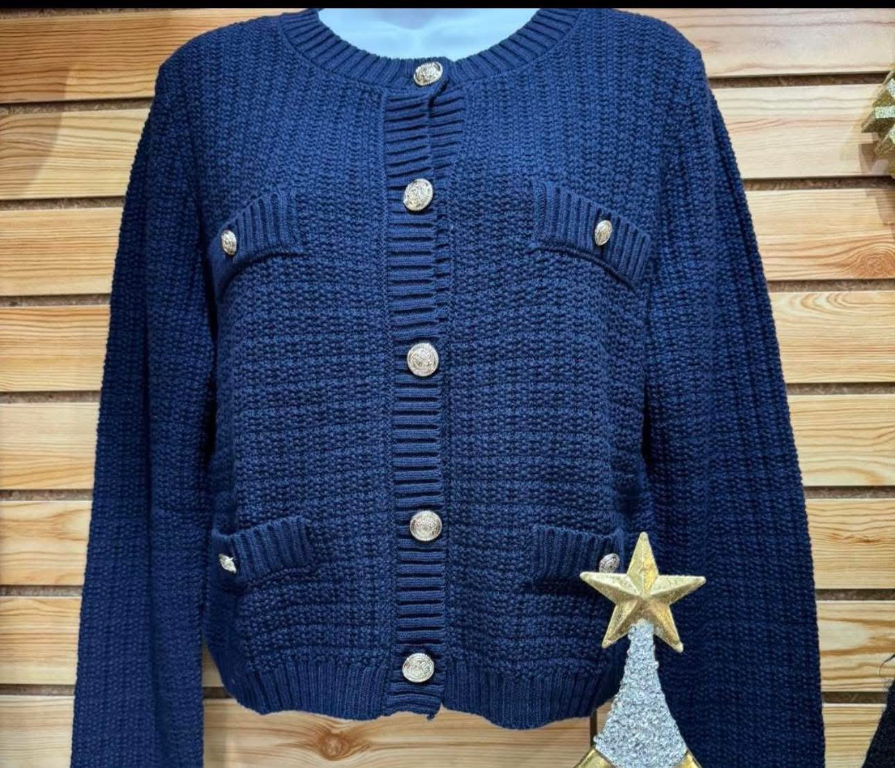 Navy Sweater Gold Buttons