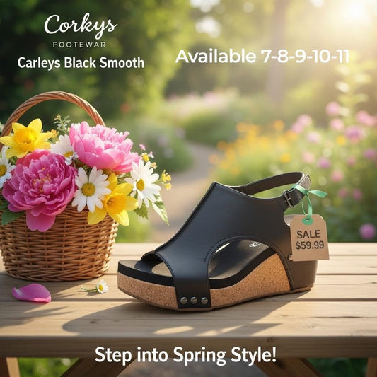 Corkys Carley Black Smooth Wedge Sandals