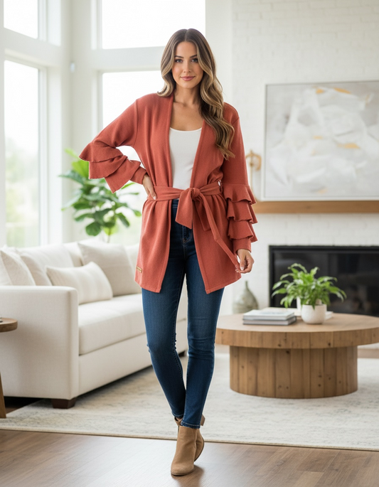 RUFFLE CARDIGAN RASPBERRY