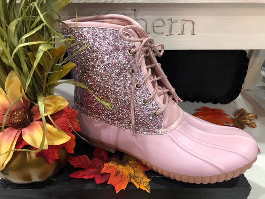 Simply Southern Light Pink Glitter Lace-Up Duck Boots