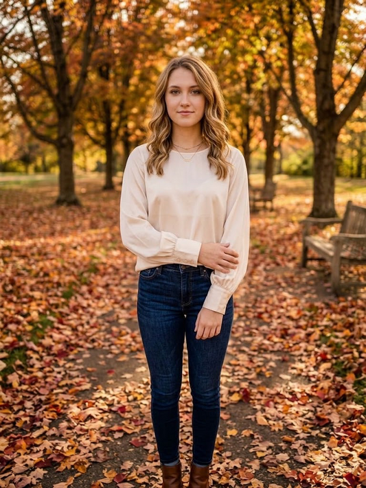 Zoe And Claire Cream Round Neck Long Sleeve Blouse