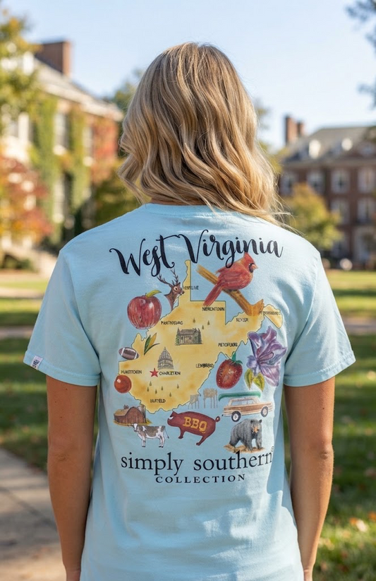 Simply Southern West Virginia Map Graphic T-Shirt - Light Blue