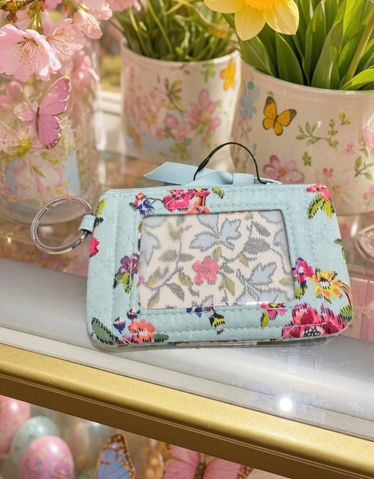 Vera Bradley Light Blue Floral Zip ID Case with Key Ring