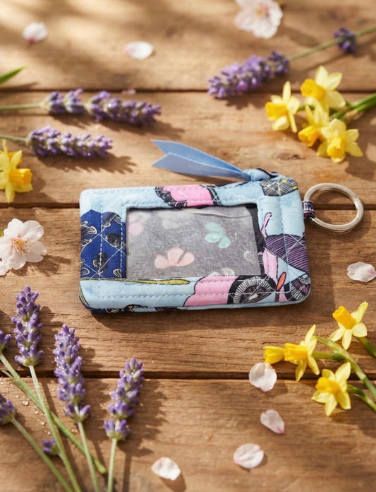 Vera Bradley Light Blue Large Floral Zip ID Case with Key Ring