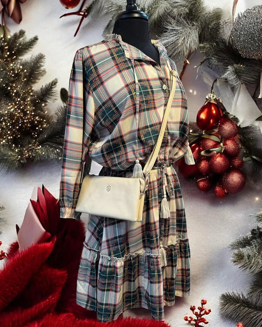 HOLIDAY DRESS BEIGE PLAID