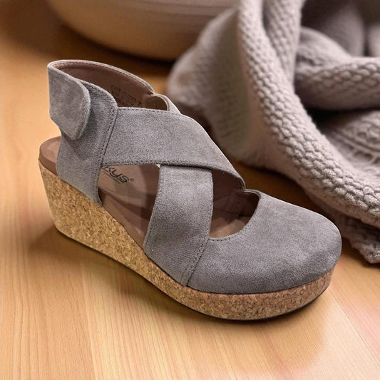 Corkys Case Closed Gray Faux Suede Closed-Toe Wedges