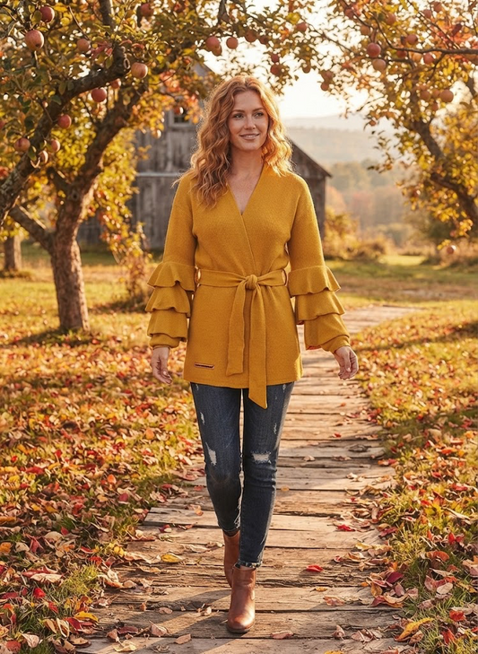 RUFFLE CARDIGAN MUSTARD