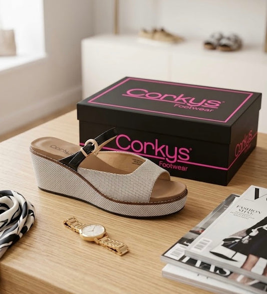 Corkys Treat Yourself Black Combo Wedge Sandals