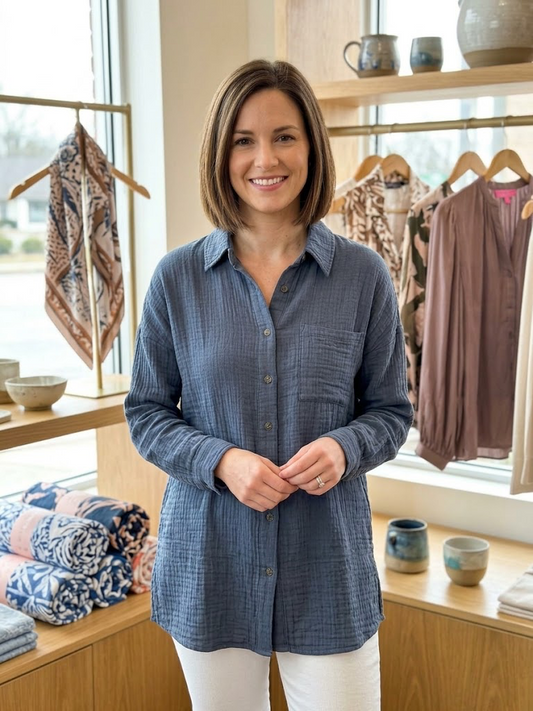 Simply Southern Navy Gauze Long Sleeve Button Front Shirt