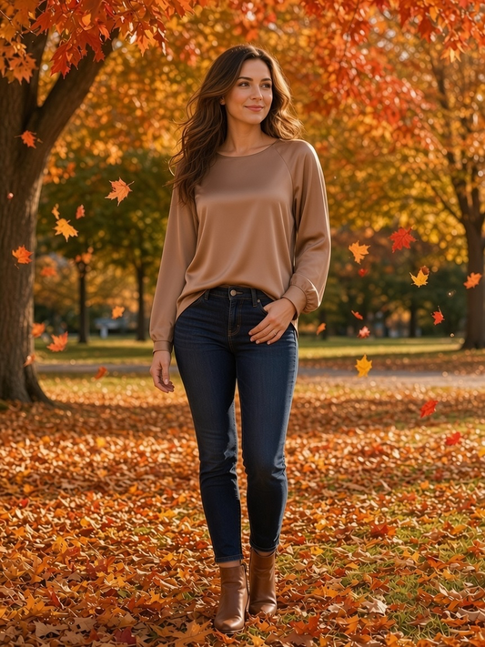 Zoe And Claire Tan Round Neck Long Sleeve Blouse