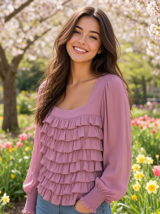 P Cill Mauve Ruffle Front Long Sleeve Blouse