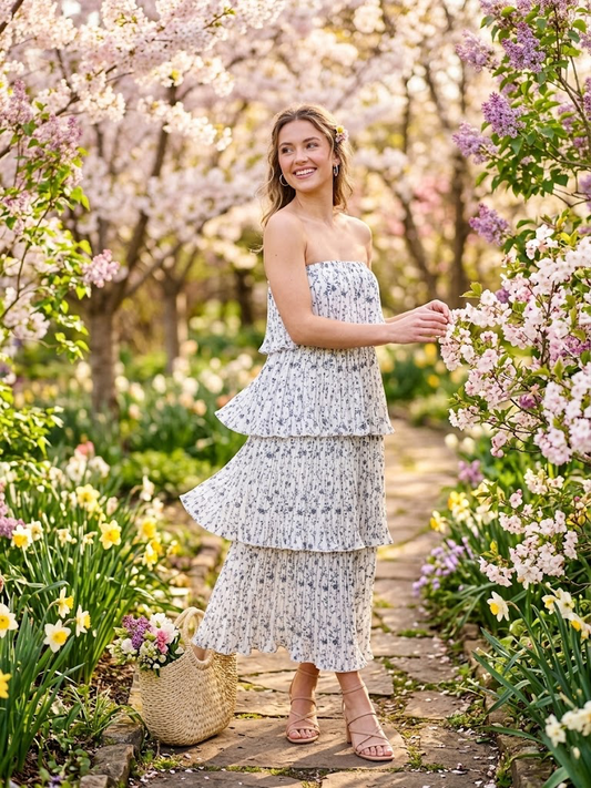 She+Sky Floral Strapless Tiered Midi Dress