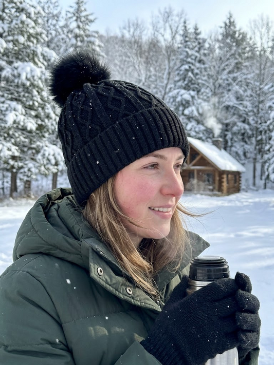Simply Southern Black Cable Knit Pom-Pom Beanie